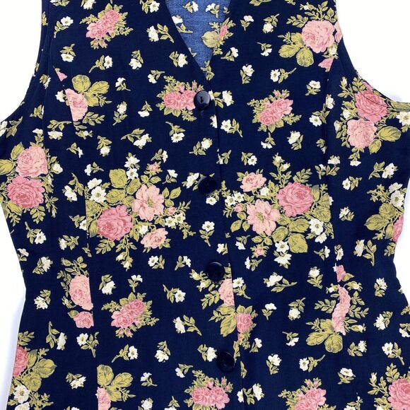 Jessica Scott VTG Floral Button Up Fitted Vest Tie Back Womens Small 90s Blue - Picture 3 of 12